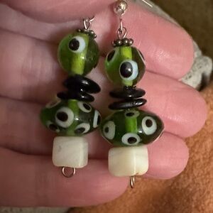 Hand Crafted Green and Black Beaded Earrings